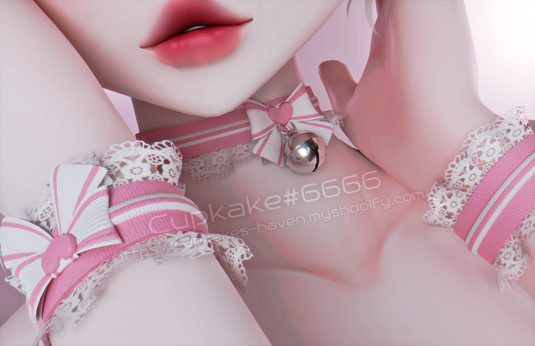 Frilly bow Choker and Wrist cuffs (3D Model Assets)(Commercial license)