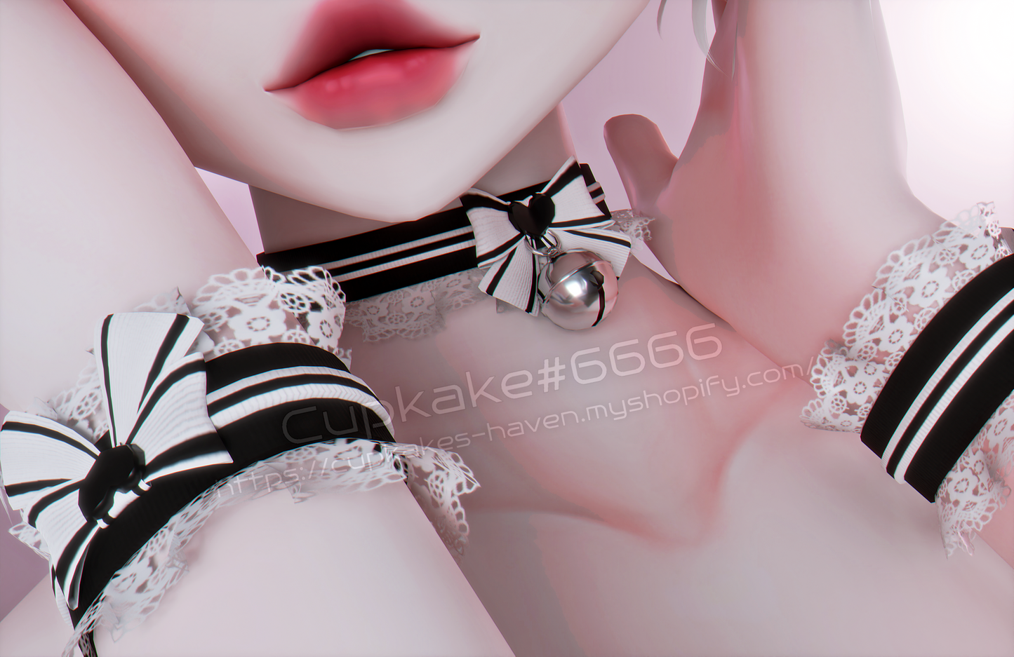 Frilly bow Choker and Wrist cuffs (3D Model Assets)(Commercial license)